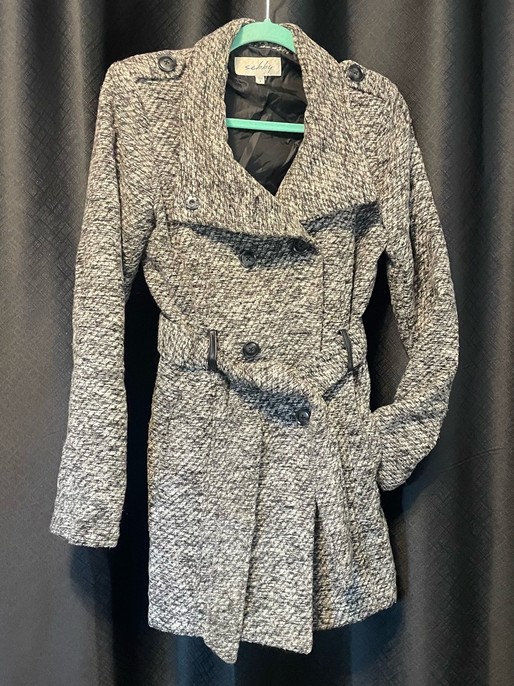 Sebby Black and White Textured Double-Breasted Pea Coat